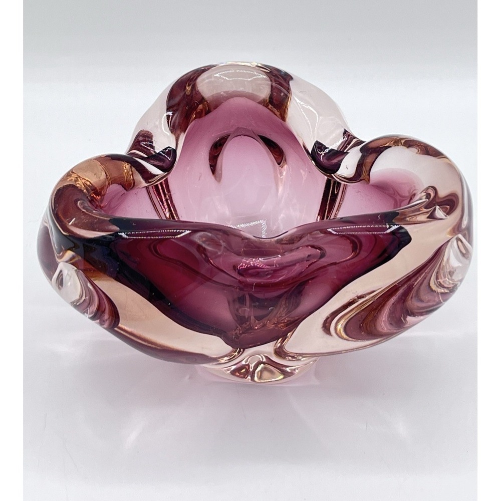 Vintage Hand Blown Art Glass‎ Bowl Purple Freeform Ruffled Rim Decorative Dish